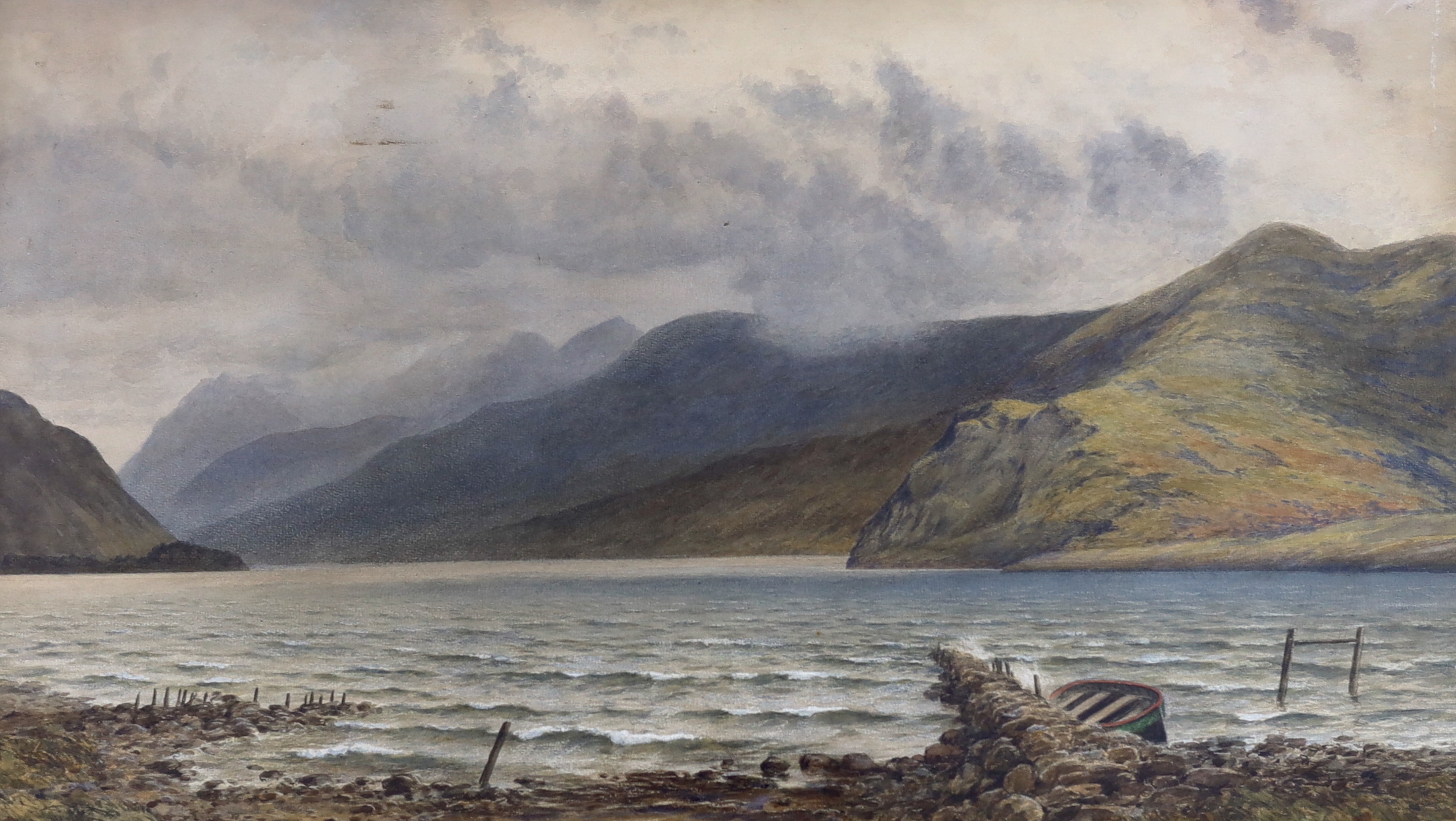 Herbert Moxon Cook (1844-1928), watercolour, Mountainous lakeside landscape, signed, inscribed in ink verso, 42 x 74cm